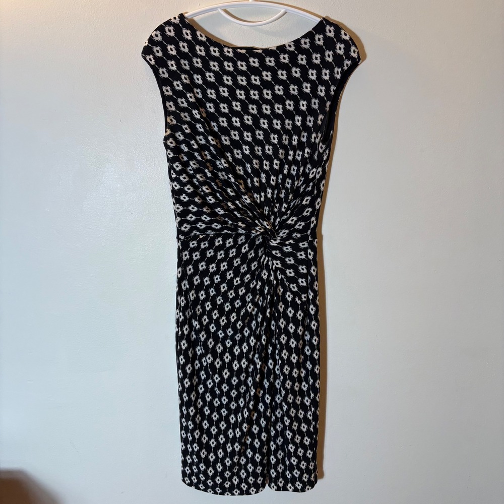 Lauren Ralph Lauren Black White Geometric Twist Front‎ Sheath Dress Size XS